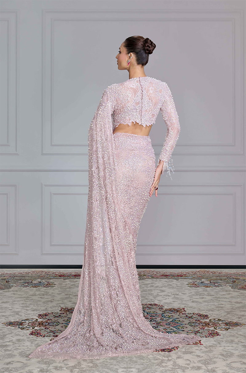 Dusty Pink Lace Embellished Saree Set