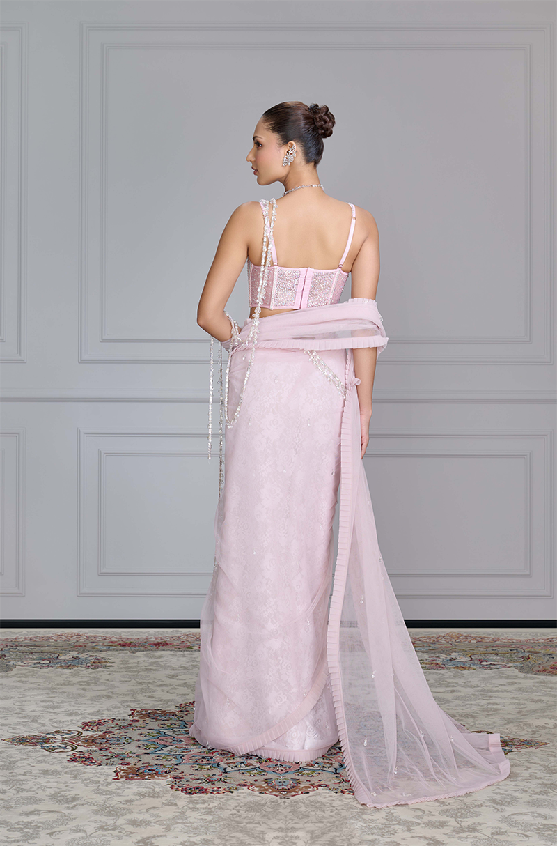 Dusty Pink Tulle Crystal Drop Saree Set