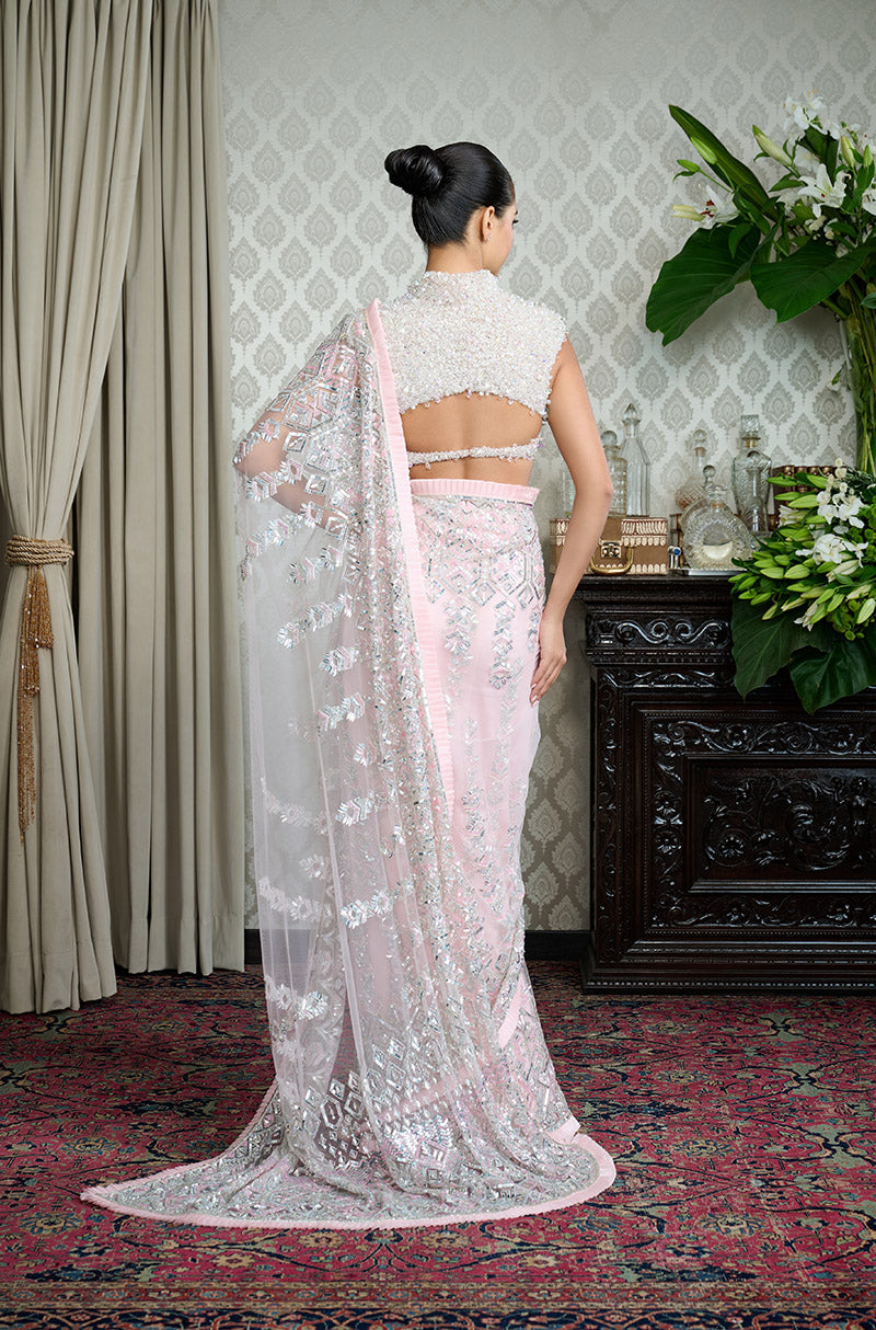 Pink Tulle with Silver Embroidery Saree Set