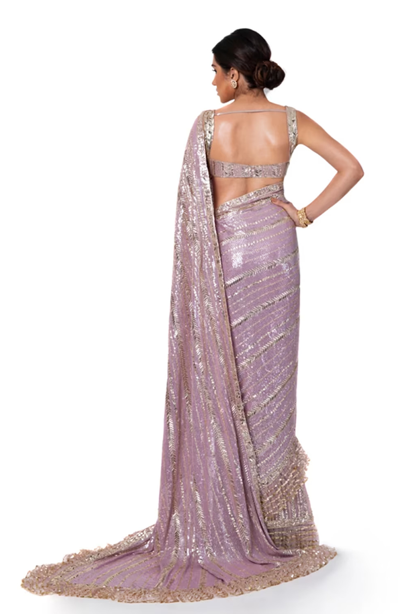 Lilac Gold Sequin Embroidered Saree Set