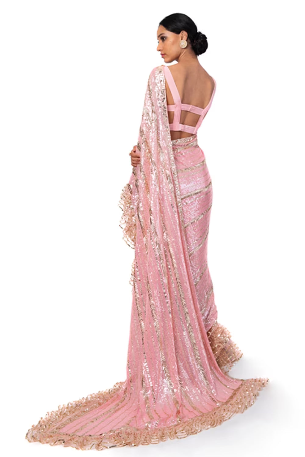 Pink Saree Set with Gold Sequins Embroidery