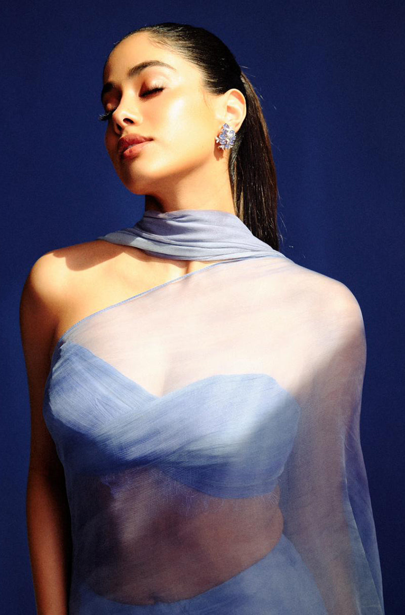 Janhvi Kapoor in our Custom Blue Hand-Painted French Chiffon Saree Set