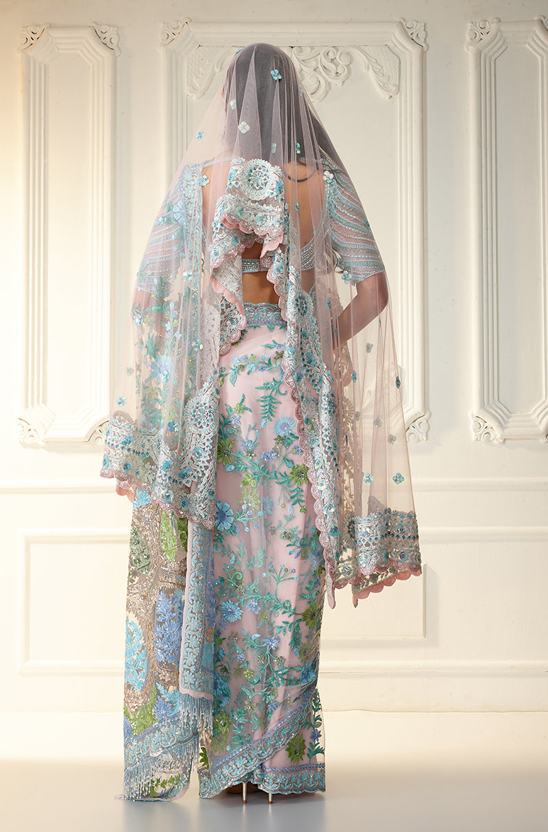 Soft Pastel Pink Tulle Kashmiri Embroidered Saree Set