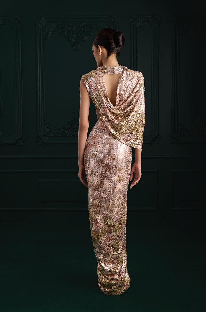 Rose Gold Sequin Sheeted Printed Lace Saree Set