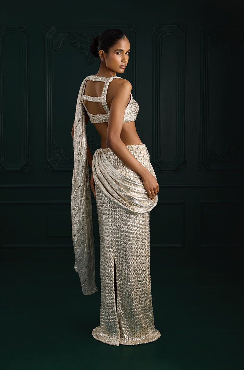 Silver Knitted Foil Draped Saree Set