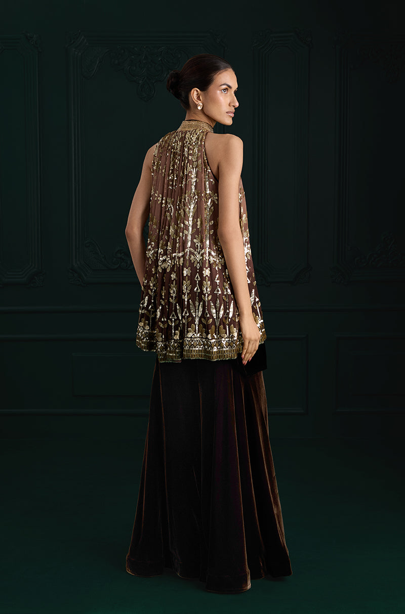 Light Brown Ombré Floral Embroidered Sequins In-Cut Kurta Set