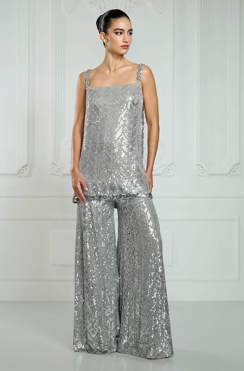 Light Grey Sequin Embroidered Strappy Kurta Set