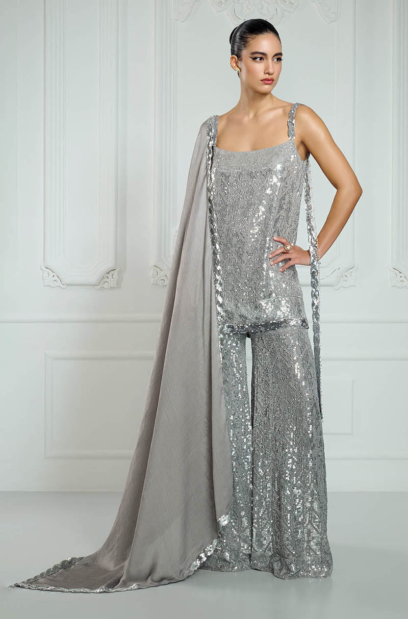 Light Grey Sequin Embroidered Strappy Kurta Set