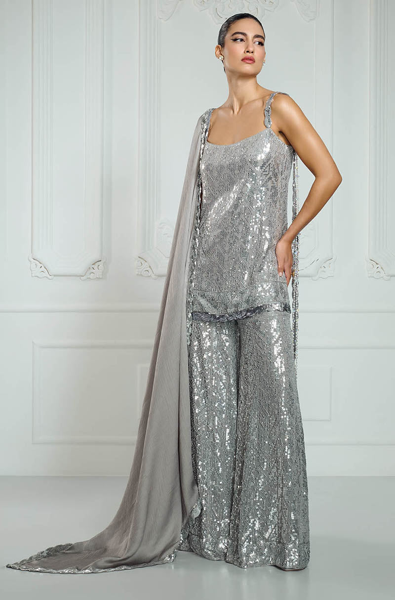 Light Grey Sequin Embroidered Strappy Kurta Set