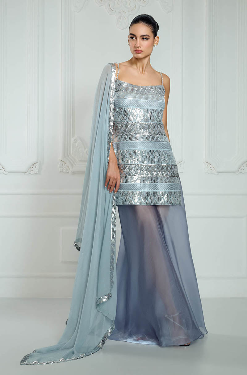 Light Grey-Blue Sequin Embroidered Kurta Set