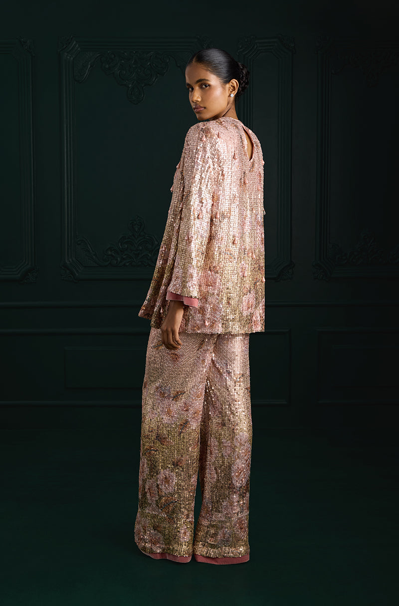 Rose Gold Sequin Sheeted Printed Lace Tunic Set