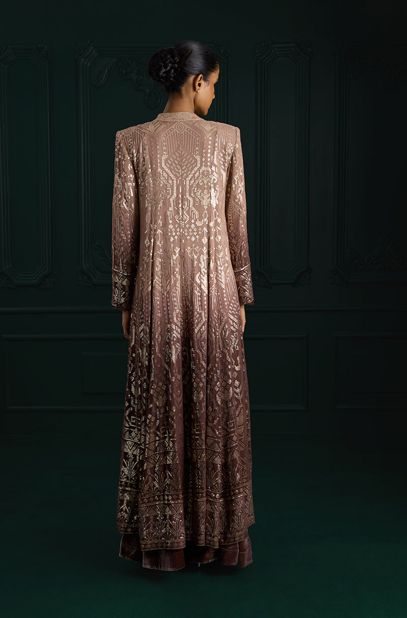 Light Brown Ombré Long Jacket Aztec Sequins Embroidered Sharara Set