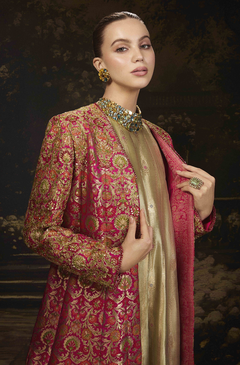 Pink Long Brocade Jacket & Gown Set
