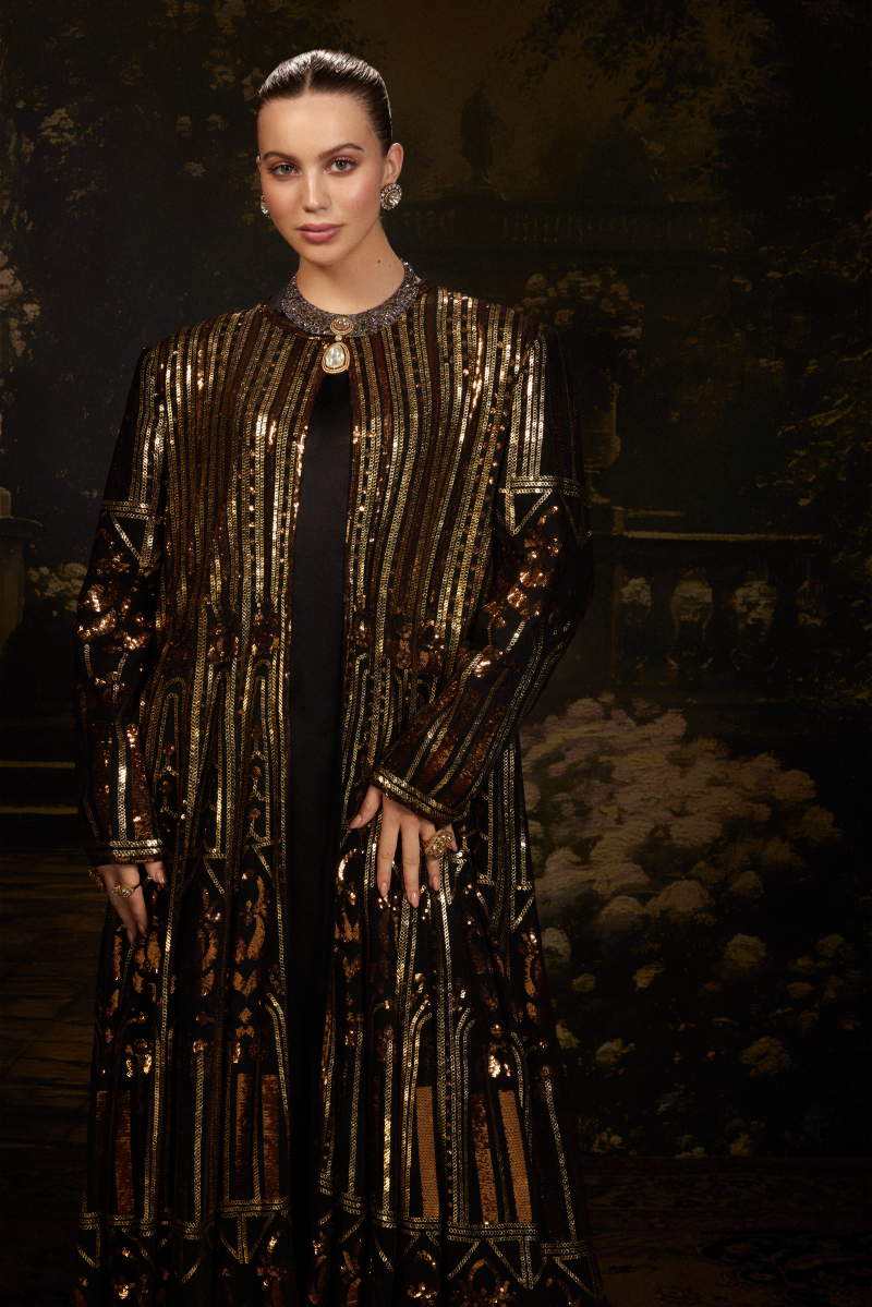 Black with Gold-Copper Sequin Georgette Jacket Gown