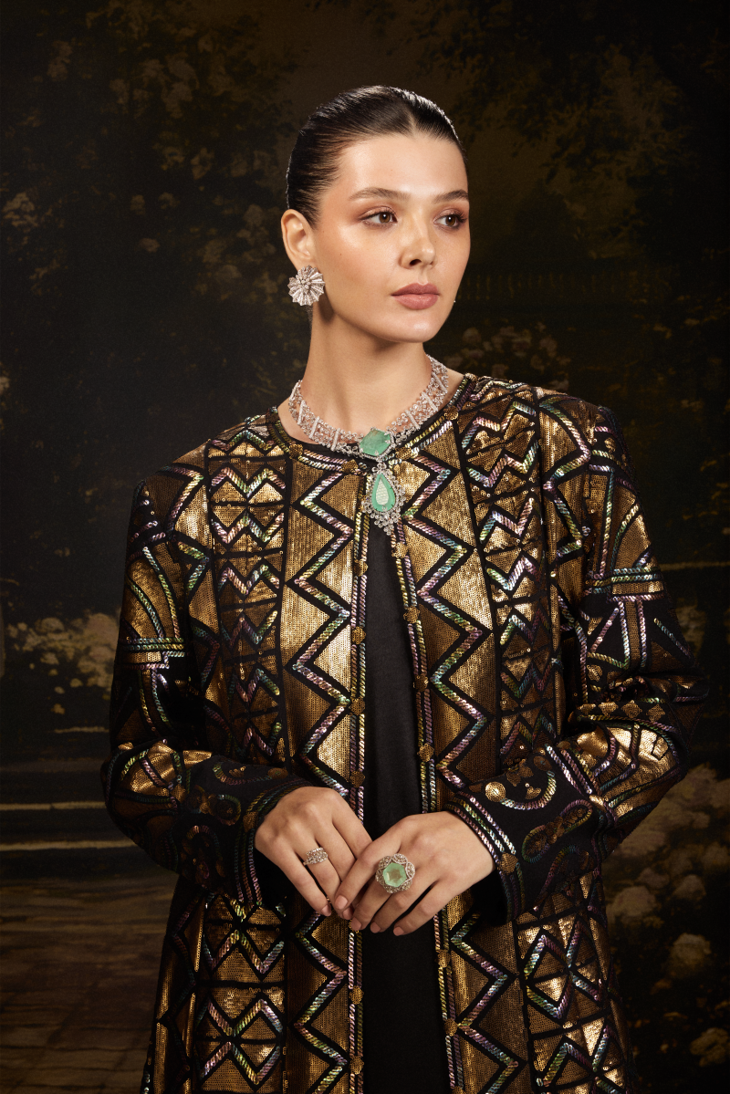 Black Geometrical Sequin Georgette Jacket Gown