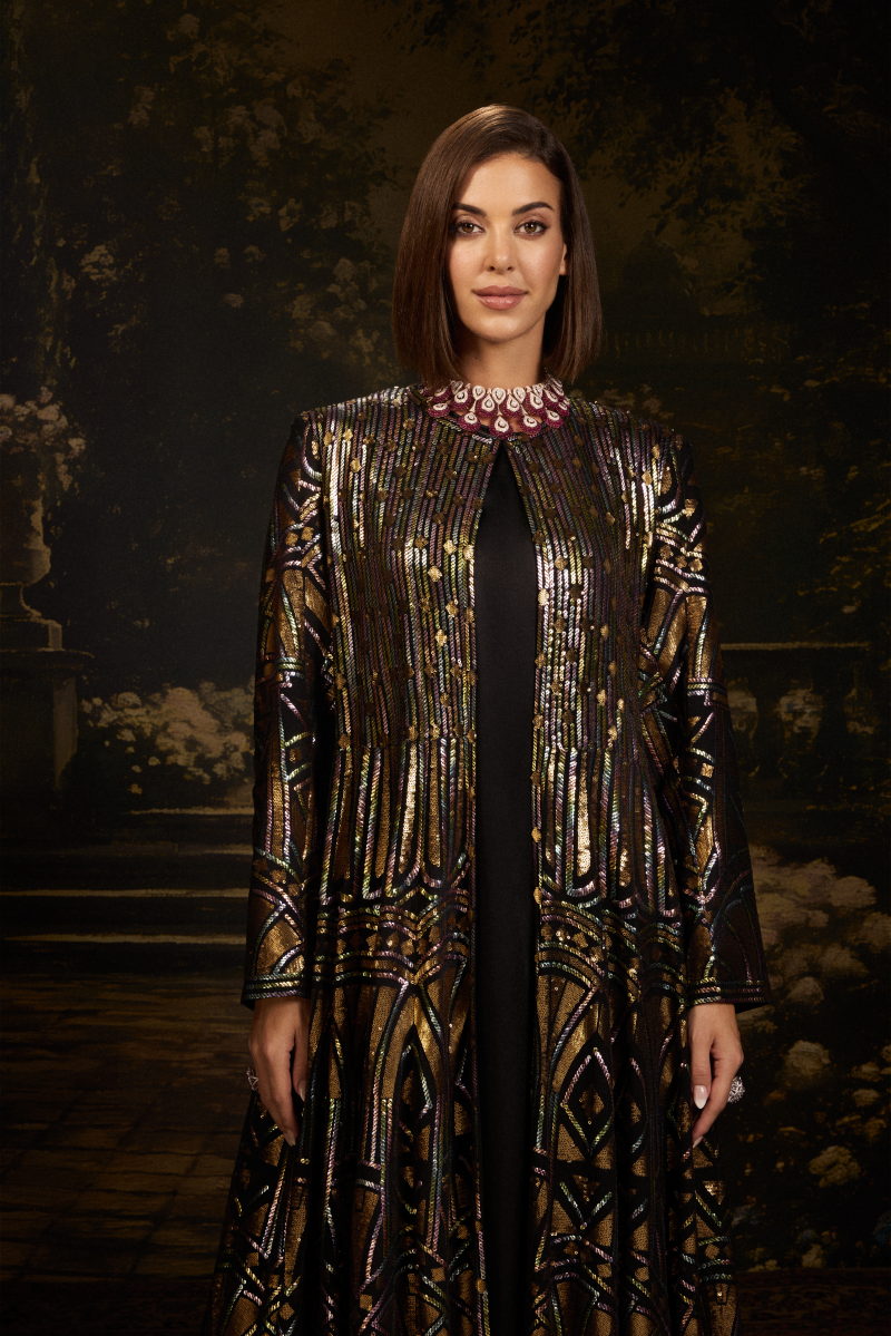 Black with Rainbow Sequin Georgette Jacket Gown