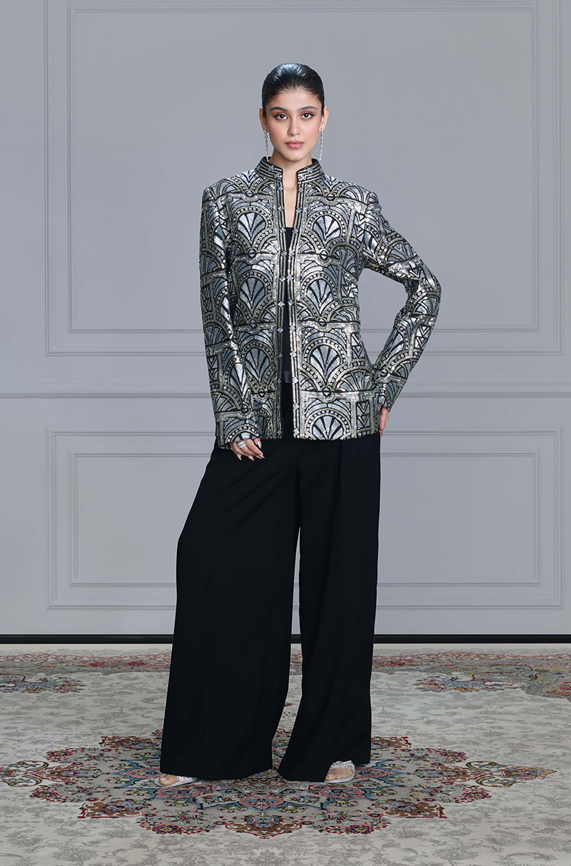 Black Sequin Embroidered Jacket Set