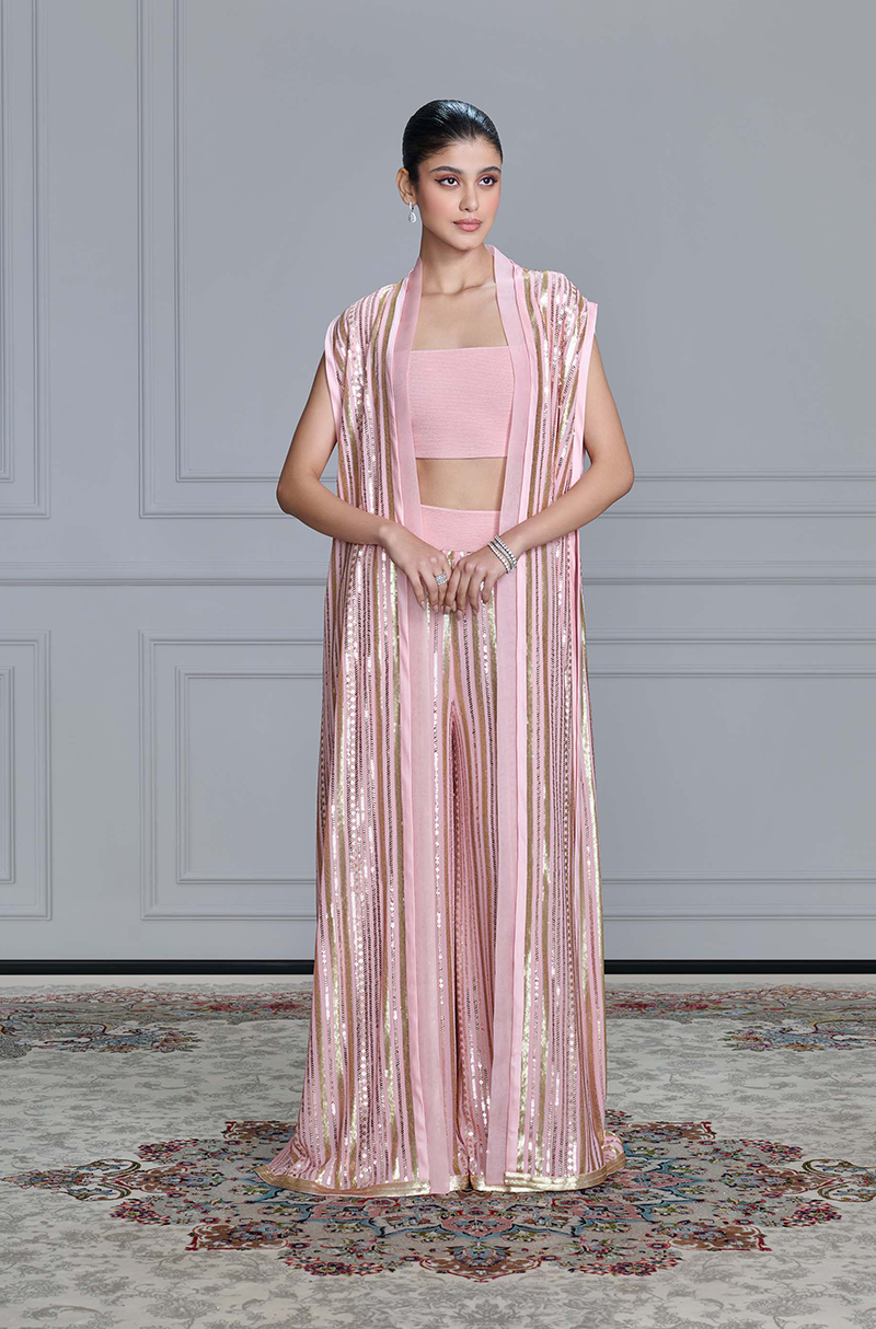 Peach Sequin Embroidered Cape Set