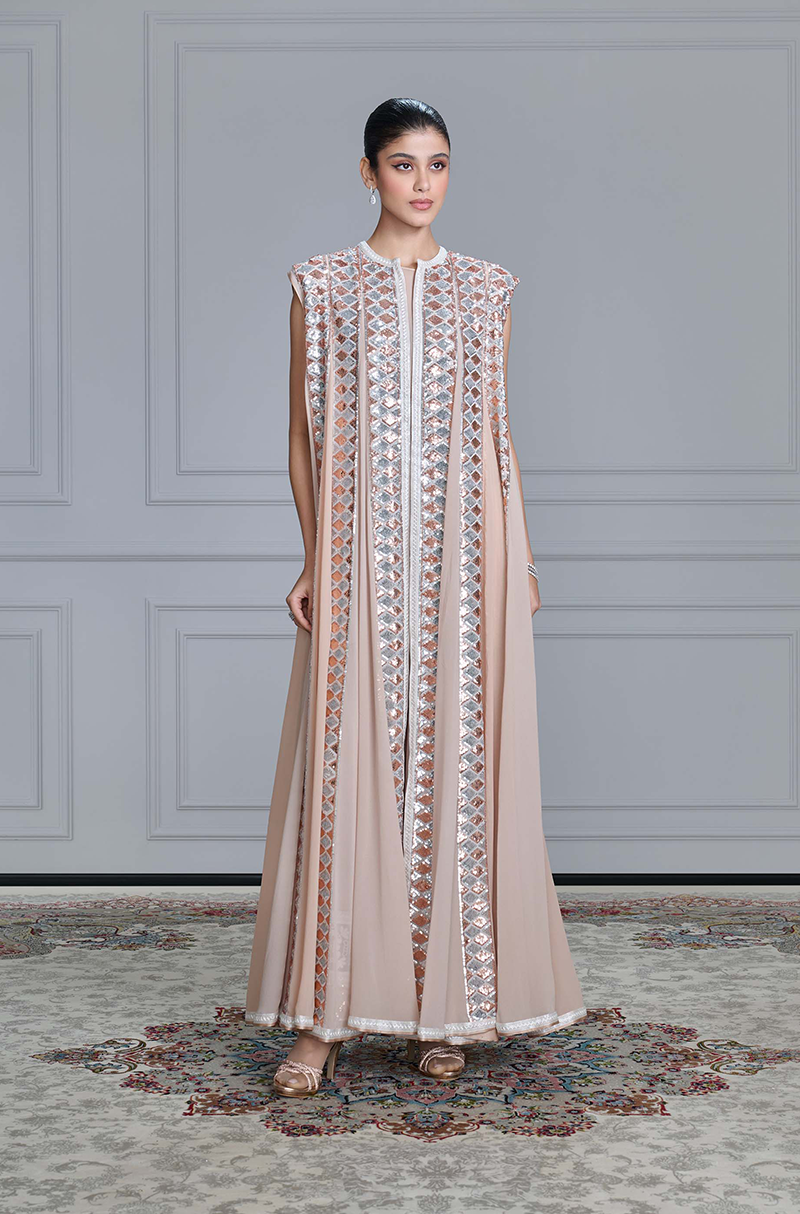 Beige Georgette Sequin Embroidered Jacket Set