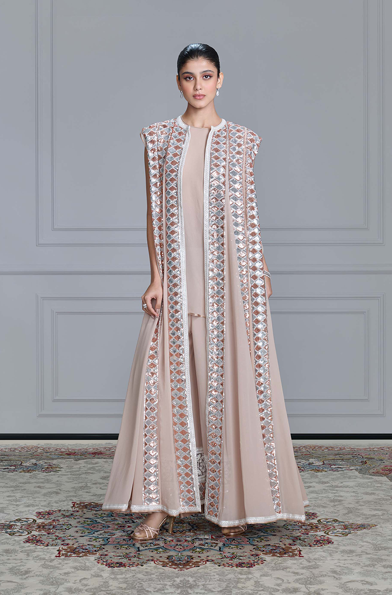 Beige Georgette Sequin Embroidered Jacket Set