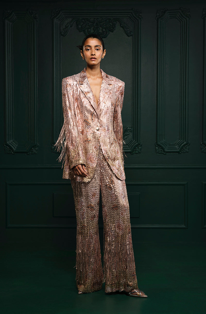 Rose Gold Sequin Sheeted Printed Lace Blazer Set