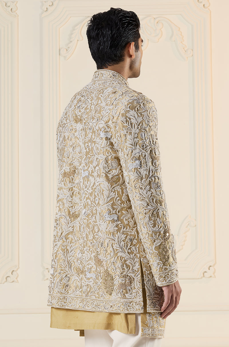 Beige Floral Embroidered Short Sherwani Set