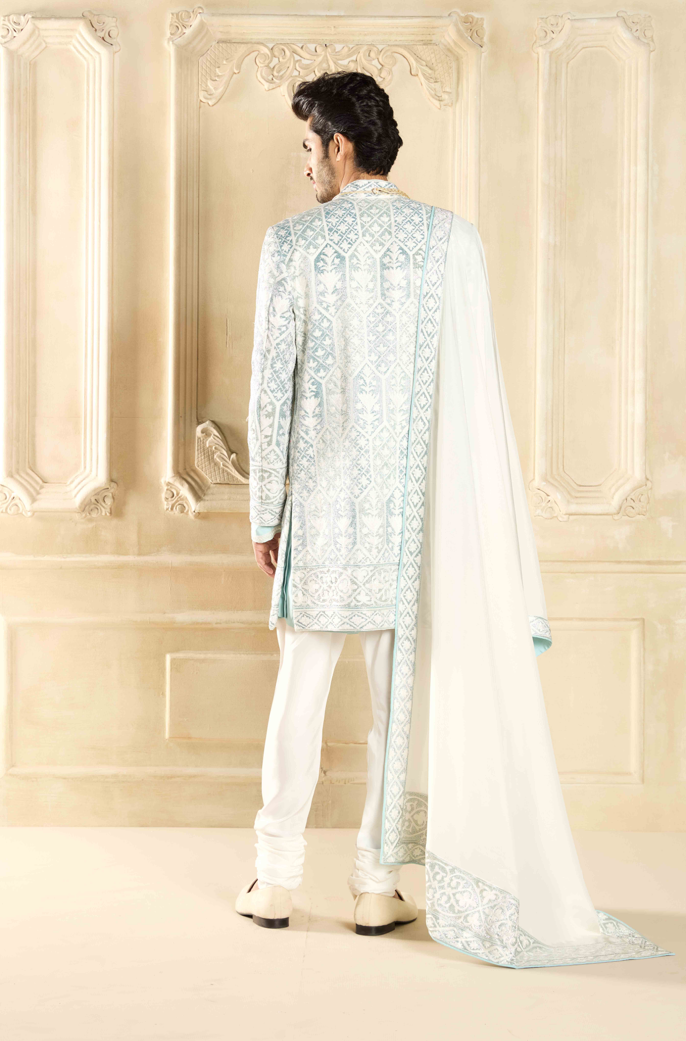 Ivory Raw Silk Geometric Embroidered Sherwani Set
