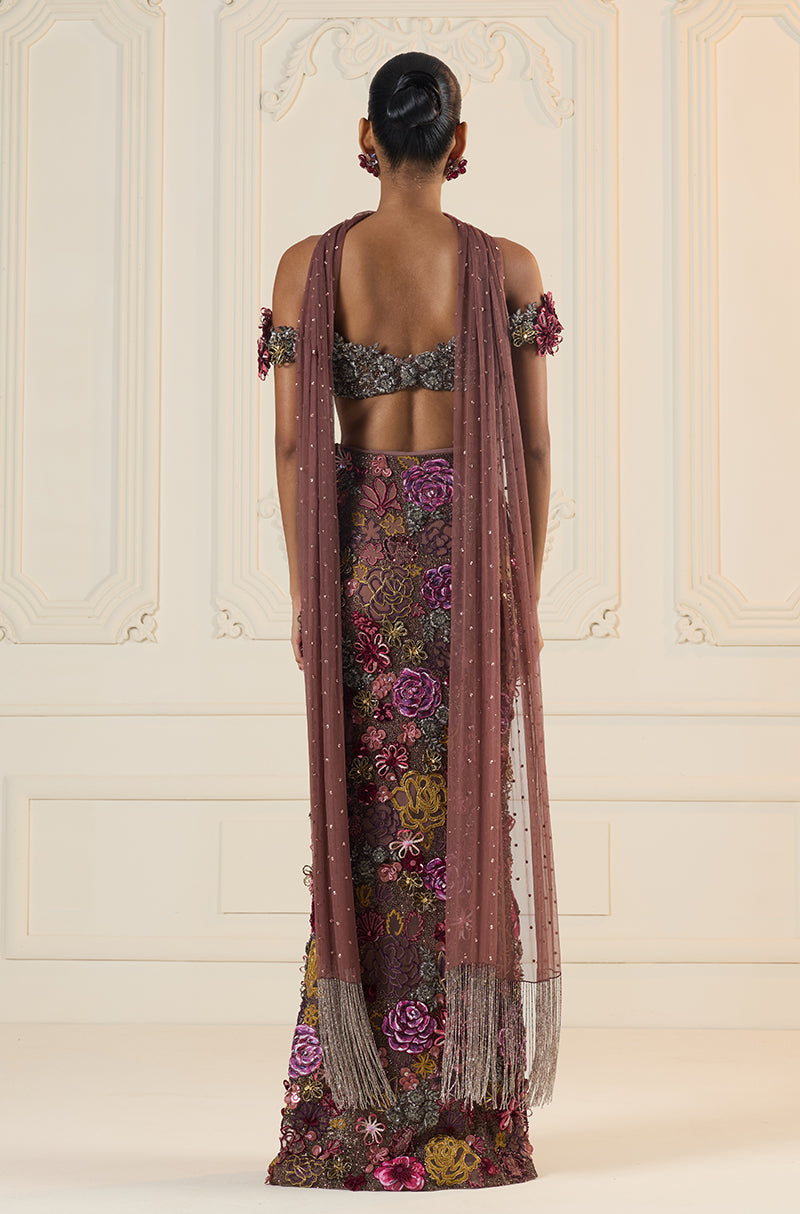 Mauve Floral Cutwork Slim Skirt Set