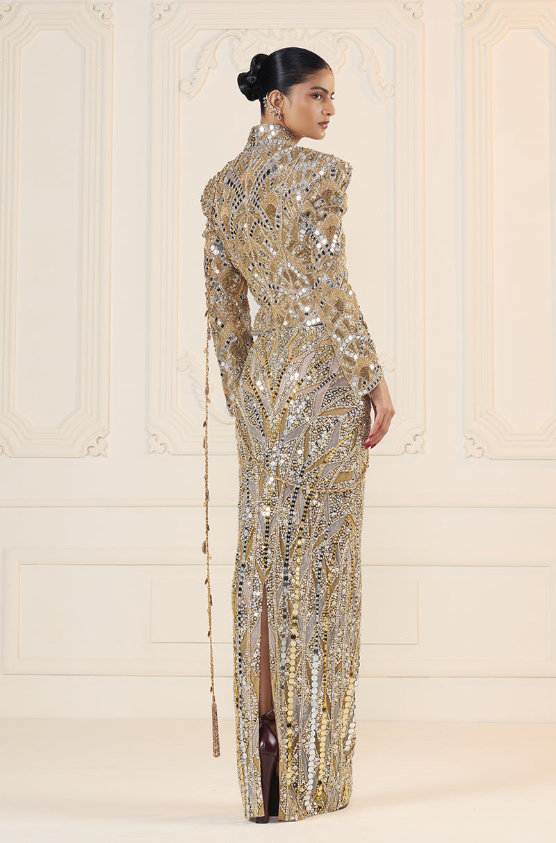 Gold-Silver Mirror Sequin Stone Encrusted Skirt Set