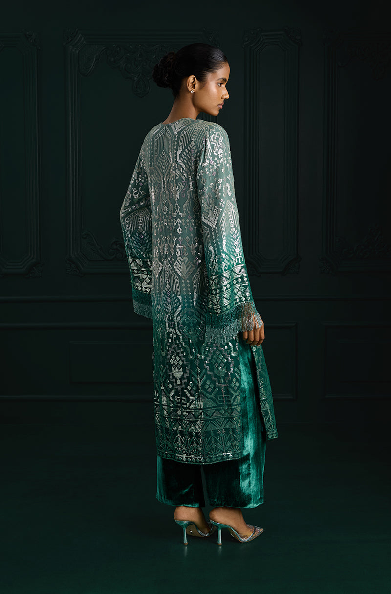 Ombré Shaded Green Aztec Sequin Embroidered Kurta Set