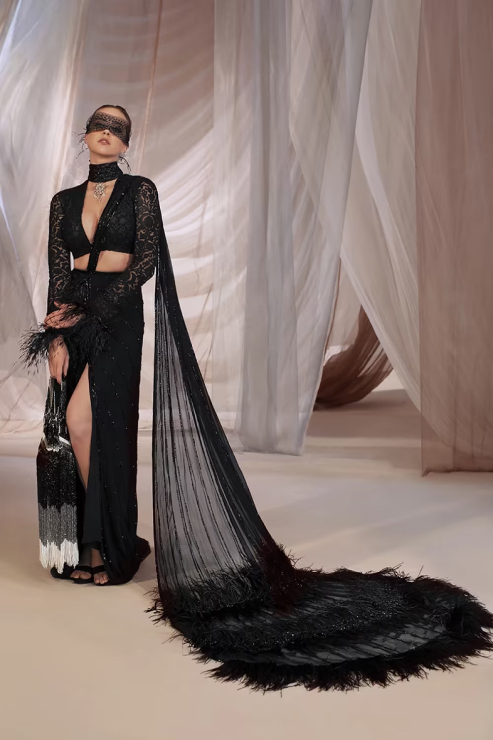 Mijwan Black Feathered Draped Saree Set