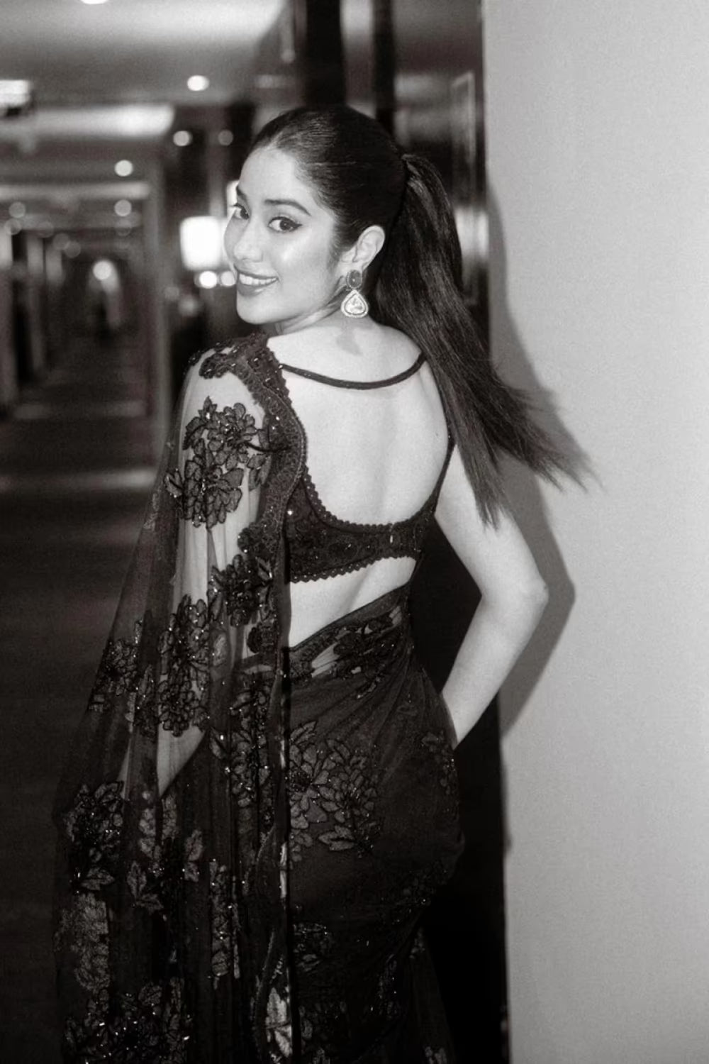 Janhvi Kapoor in all Black Net Embroidered Saree