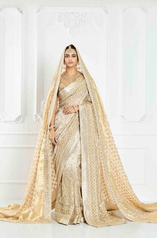 Beige and Gold Embroidered Saree Set