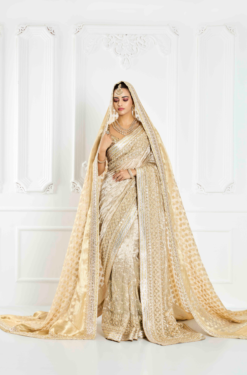 Beige and Gold Embroidered Saree Set
