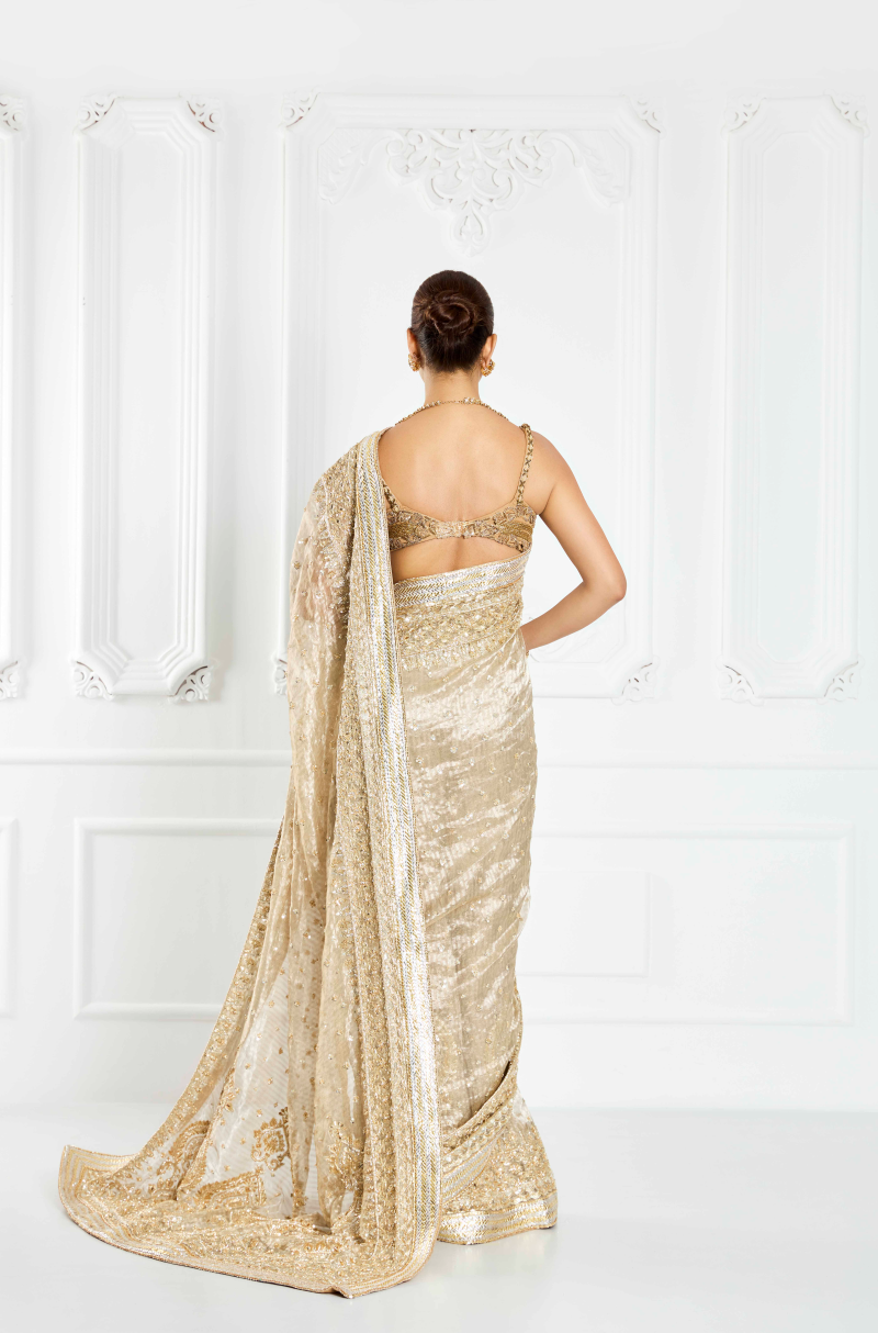 Beige and Gold Embroidered Saree Set
