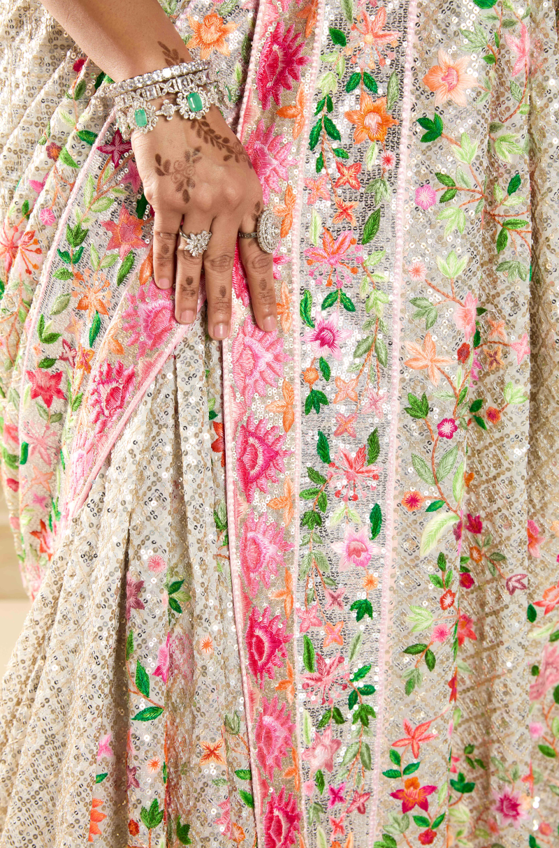 Ivory Embroidered Saree Set