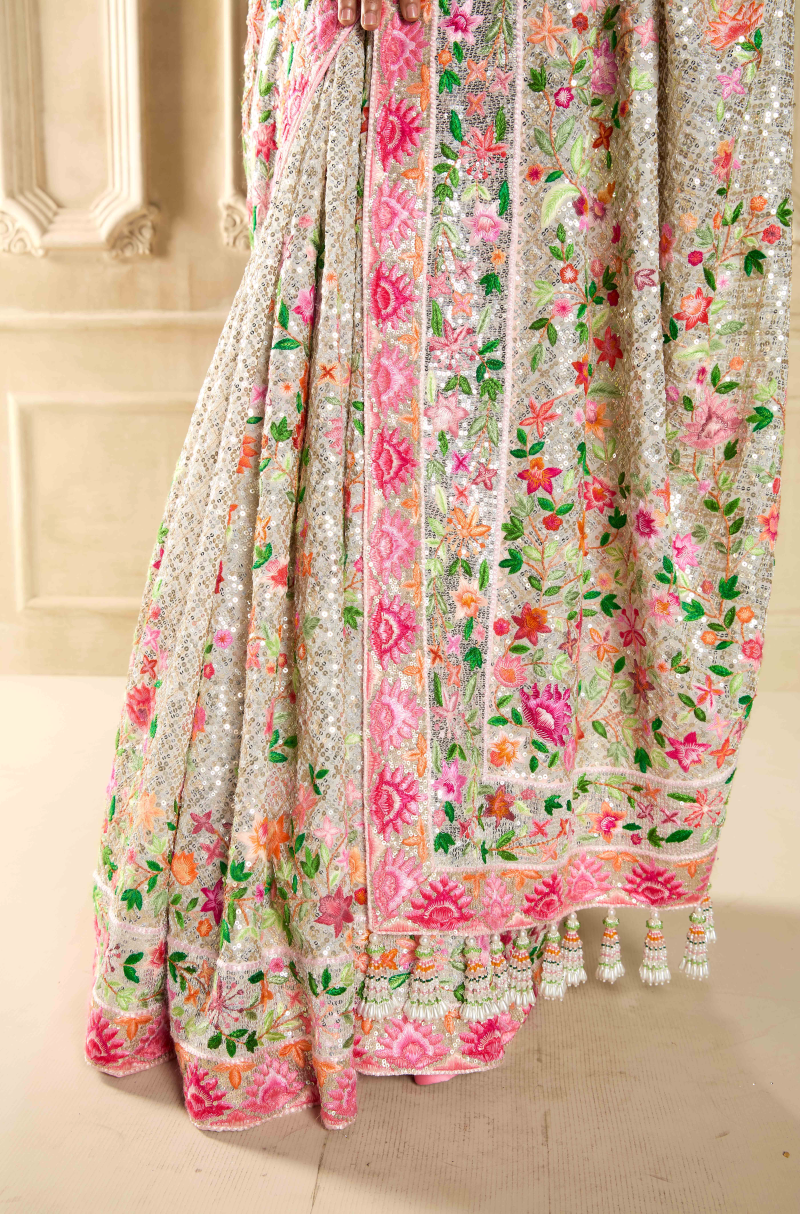 Ivory Embroidered Saree Set