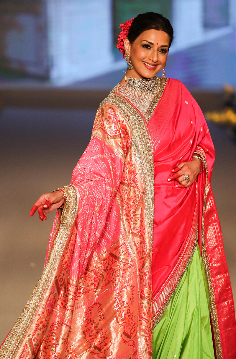 Sonali Bendre in our Pink & Green Pathani Saree Set