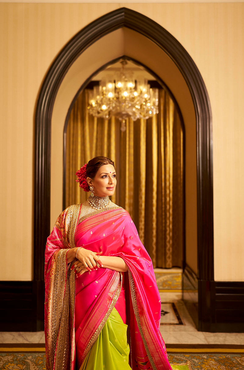 Sonali Bendre in our Pink & Green Pathani Saree Set