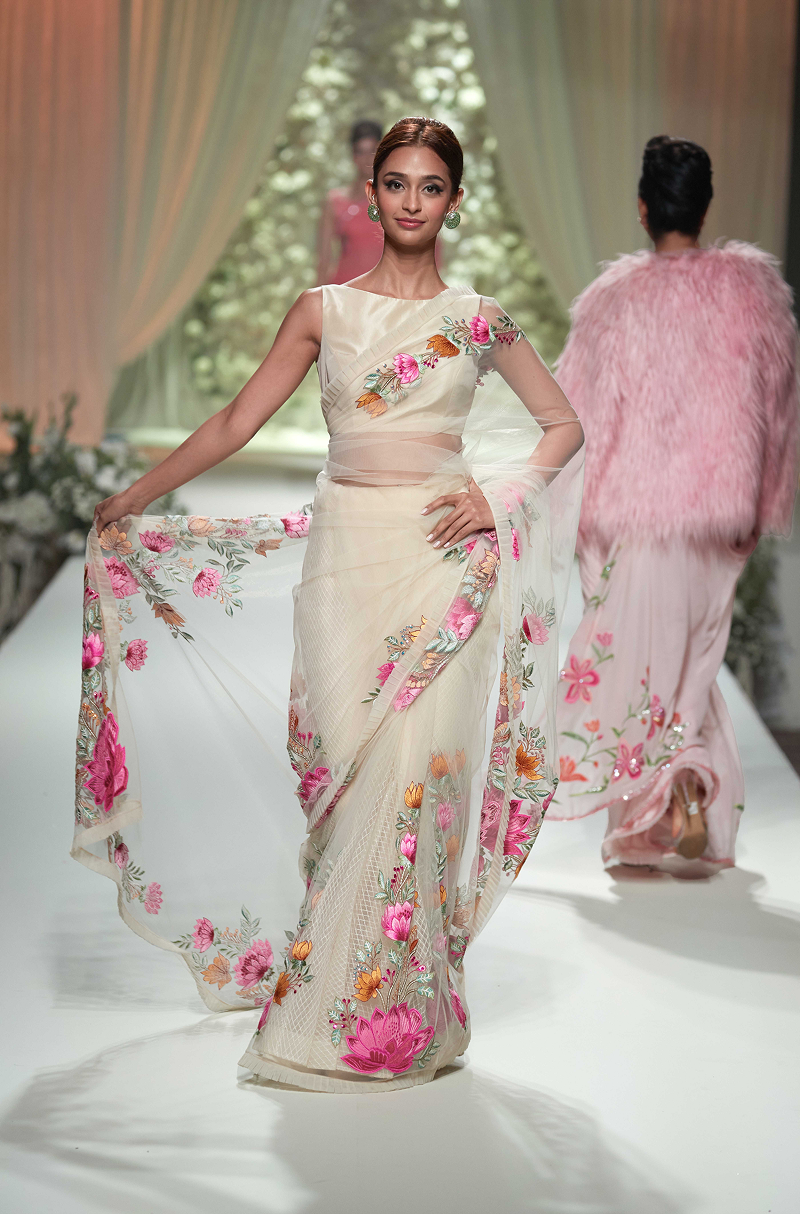 Biscuit Tulle Multicoloured Embroidered Saree Set