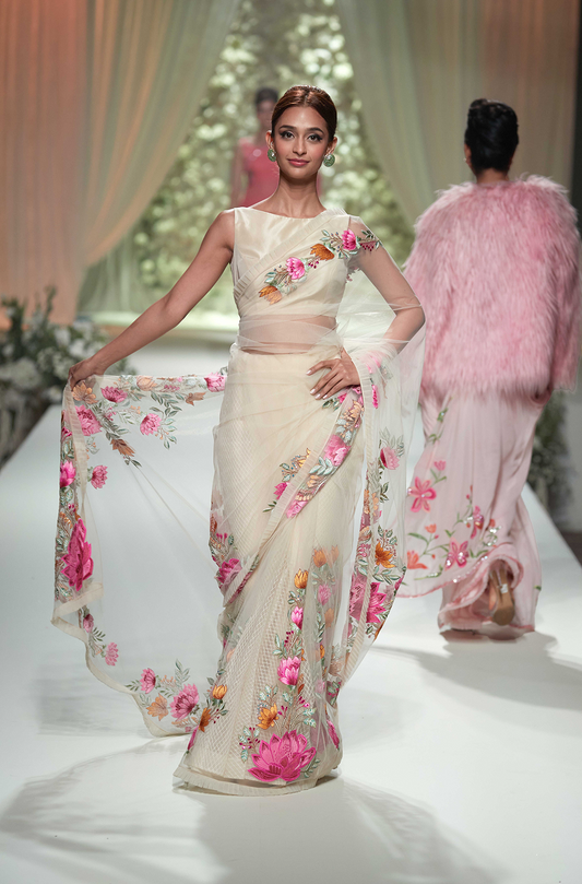 Biscuit Tulle Multicoloured Embroidered Saree Set