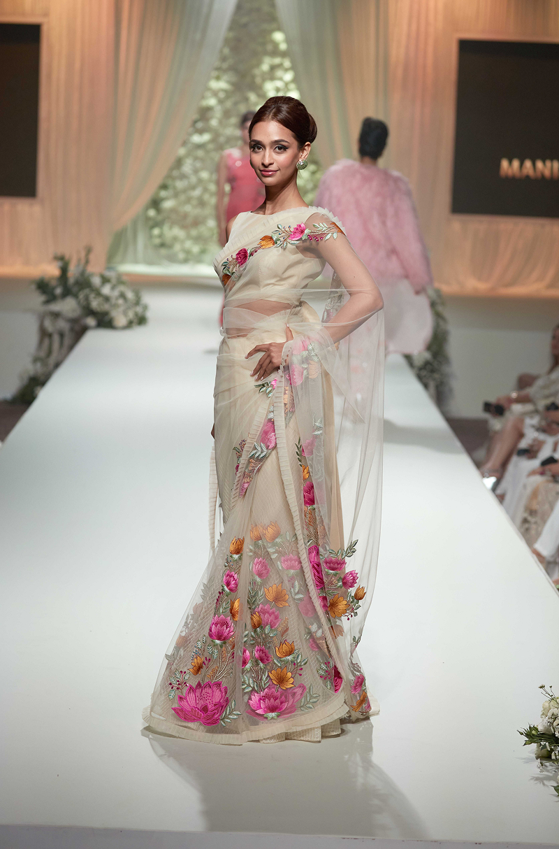 Biscuit Tulle Multicoloured Embroidered Saree Set