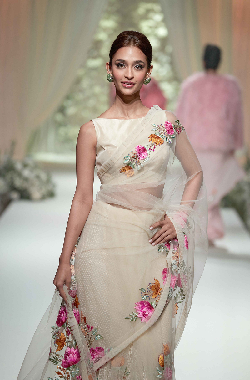 Biscuit Tulle Multicoloured Embroidered Saree Set