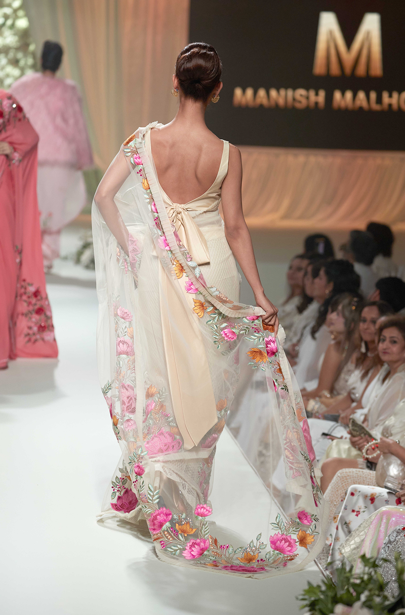 Biscuit Tulle Multicoloured Embroidered Saree Set