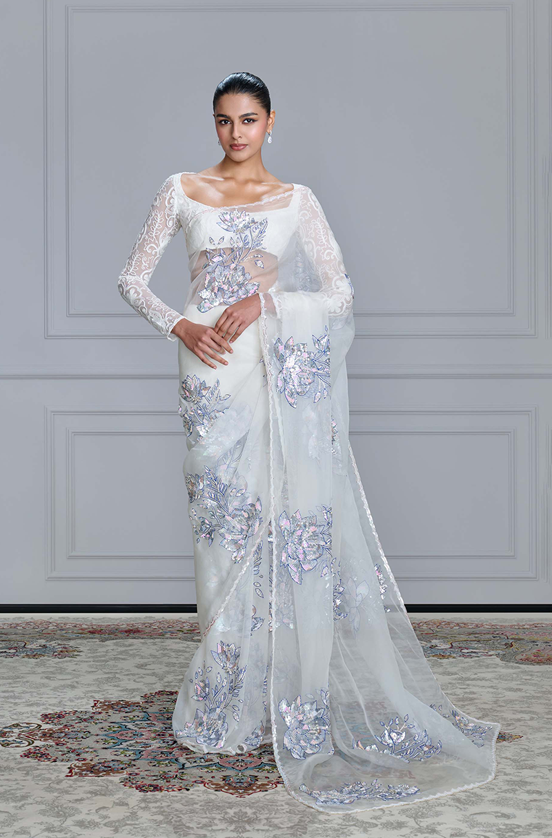 Ivory Floral Sequin Saree Set