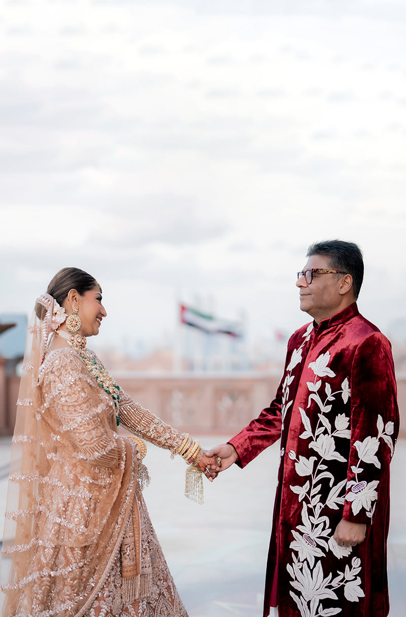 Bride: Muscaan Goenka in our Dusty Rose-Peach Embroidered Lehenga Set