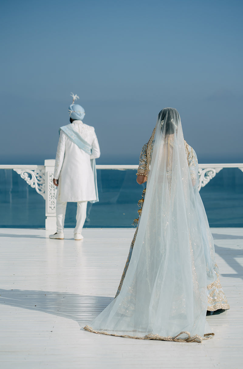 Bride: Nimrit Gahoonia in our Sky Blue Embroidered Lehenga Set