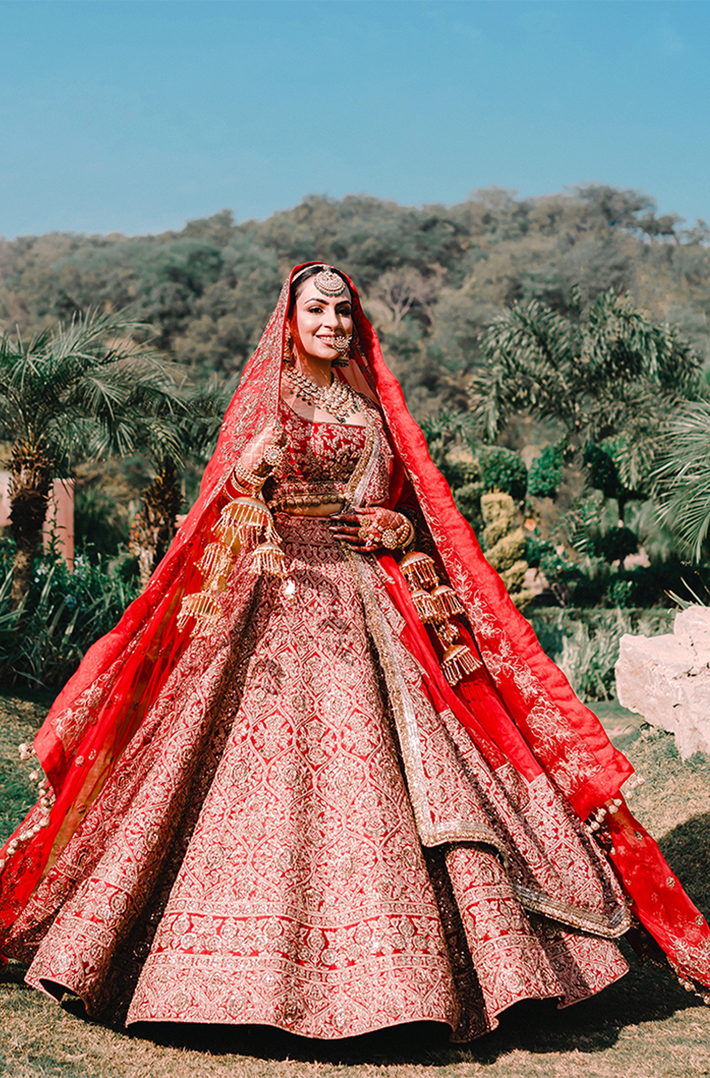 Bride: Sherry Mundi our Scarlet Red Embroidered Lehenga Set