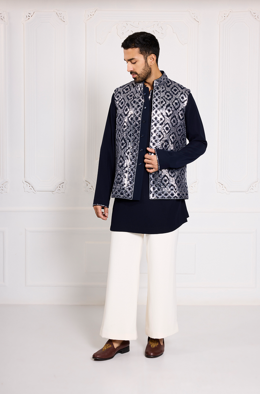 Navy Blue Gunmental Taban Embroidered Bundi Set