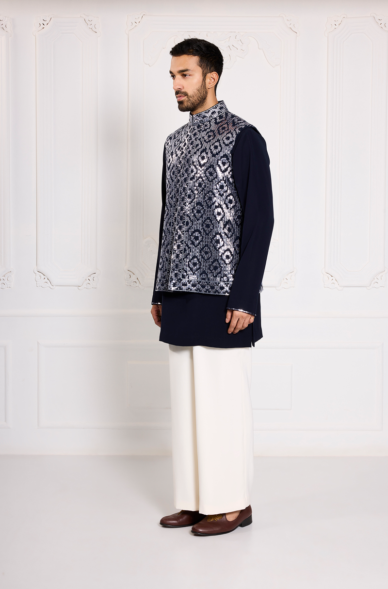 Navy Blue Gunmental Taban Embroidered Bundi Set